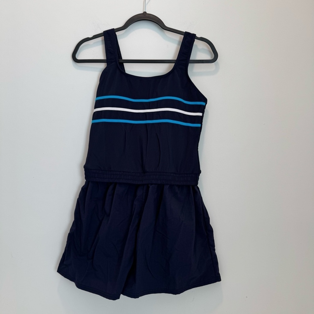 LL BEAN womens 1 pc SWIM SWIMMING SUIT SHORTS dark blue stripe BRA TOP size 14R